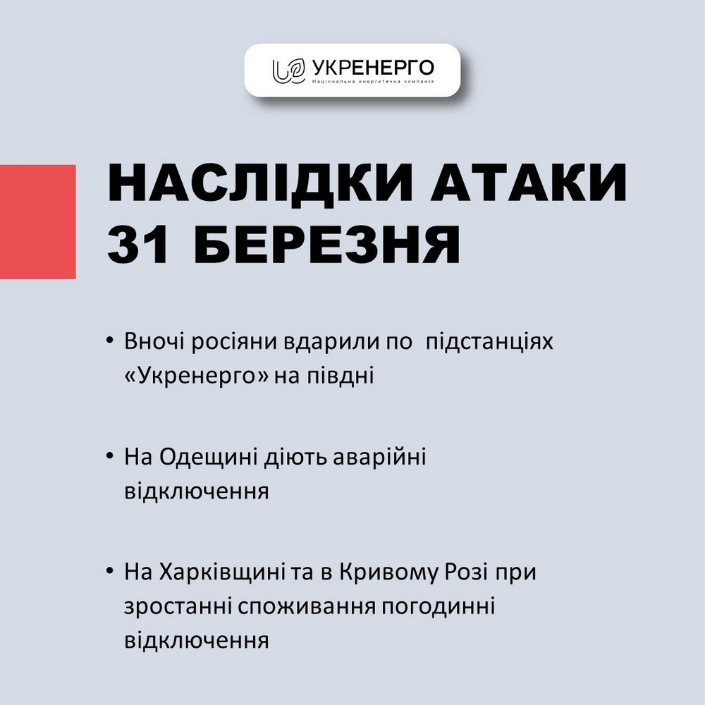 Ціллю були високовольтні підстанції – «Укренерго» про атаку 31 березня і ситуацію в енергетиці