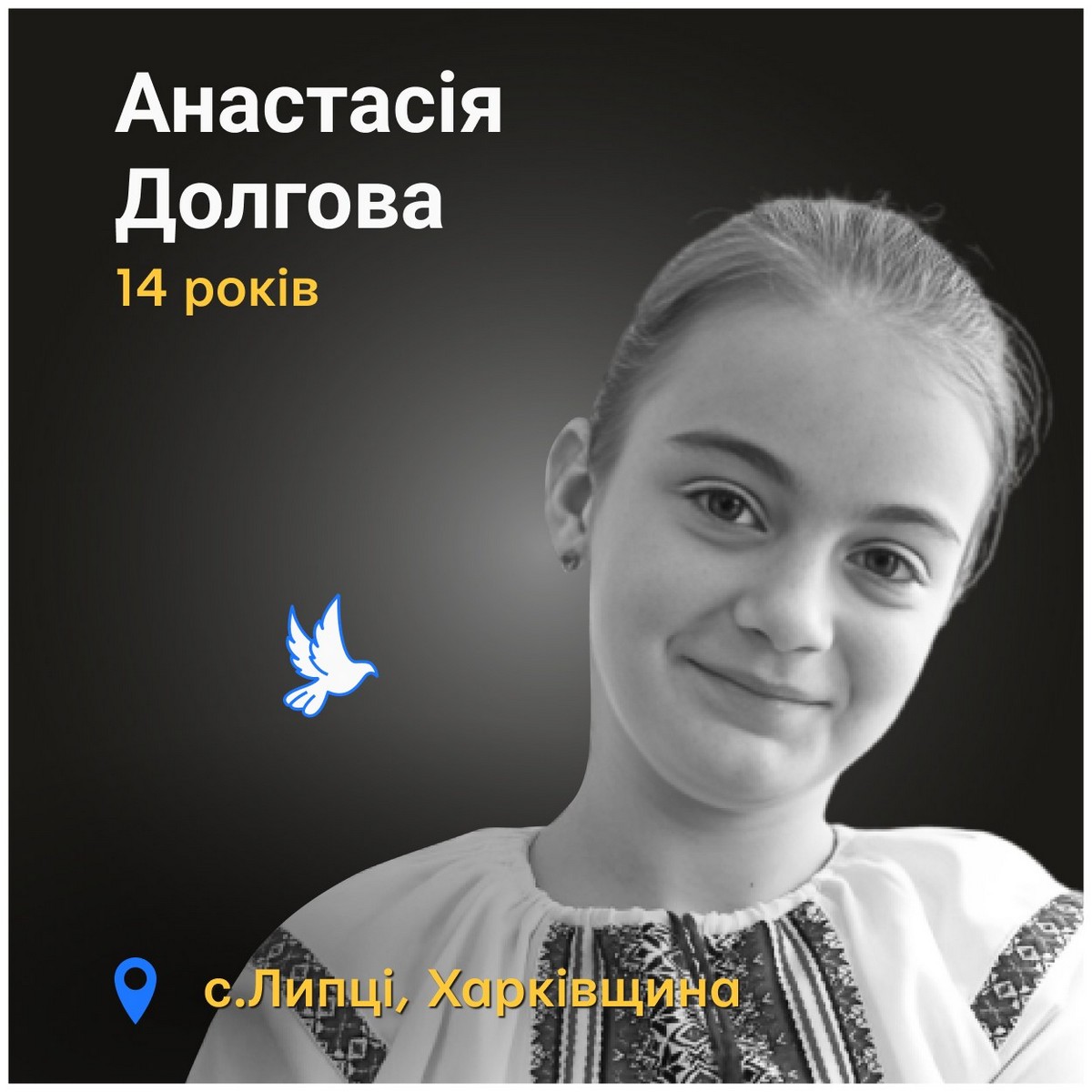 Меморіал: вбиті росією, Анастасія Долгова, 14 років, квітень, Липці на Харківщині