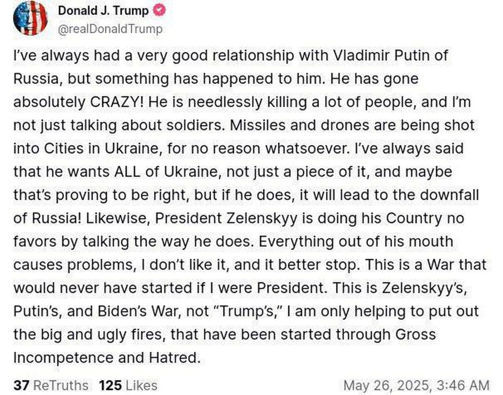«Путін абсолютно збожеволів» - Трамп