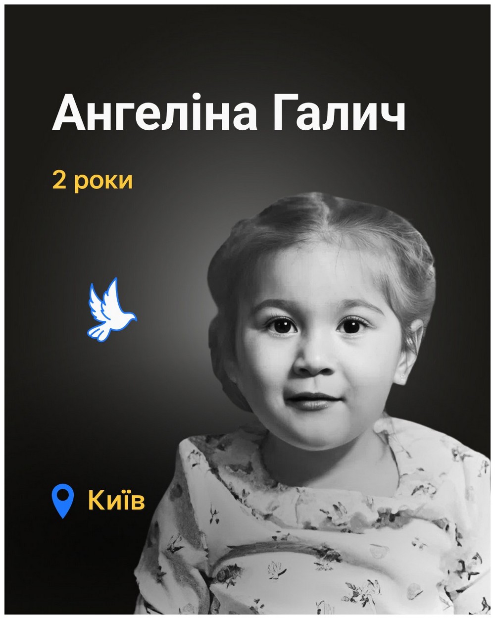 Меморіал: вбиті росією. Ангеліна Галич, 2 роки, Київ, серпень Меморіал: вбиті росією. Ангеліна Галич, 2 роки, Київ, серпень