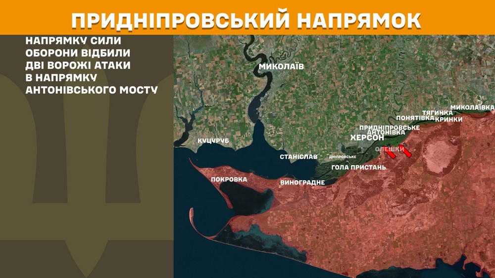 На Покровському напрямку наші захисники зупинили 62 штурмові дії агресора поблизу населених пунктів Володимирівка, Родинське, Червоний Лиман, Новоекономічне, Никанорівка, Покровськ, Котлине, Удачне, Молодецьке, Дачне, Філія та у бік Новопавлівки.