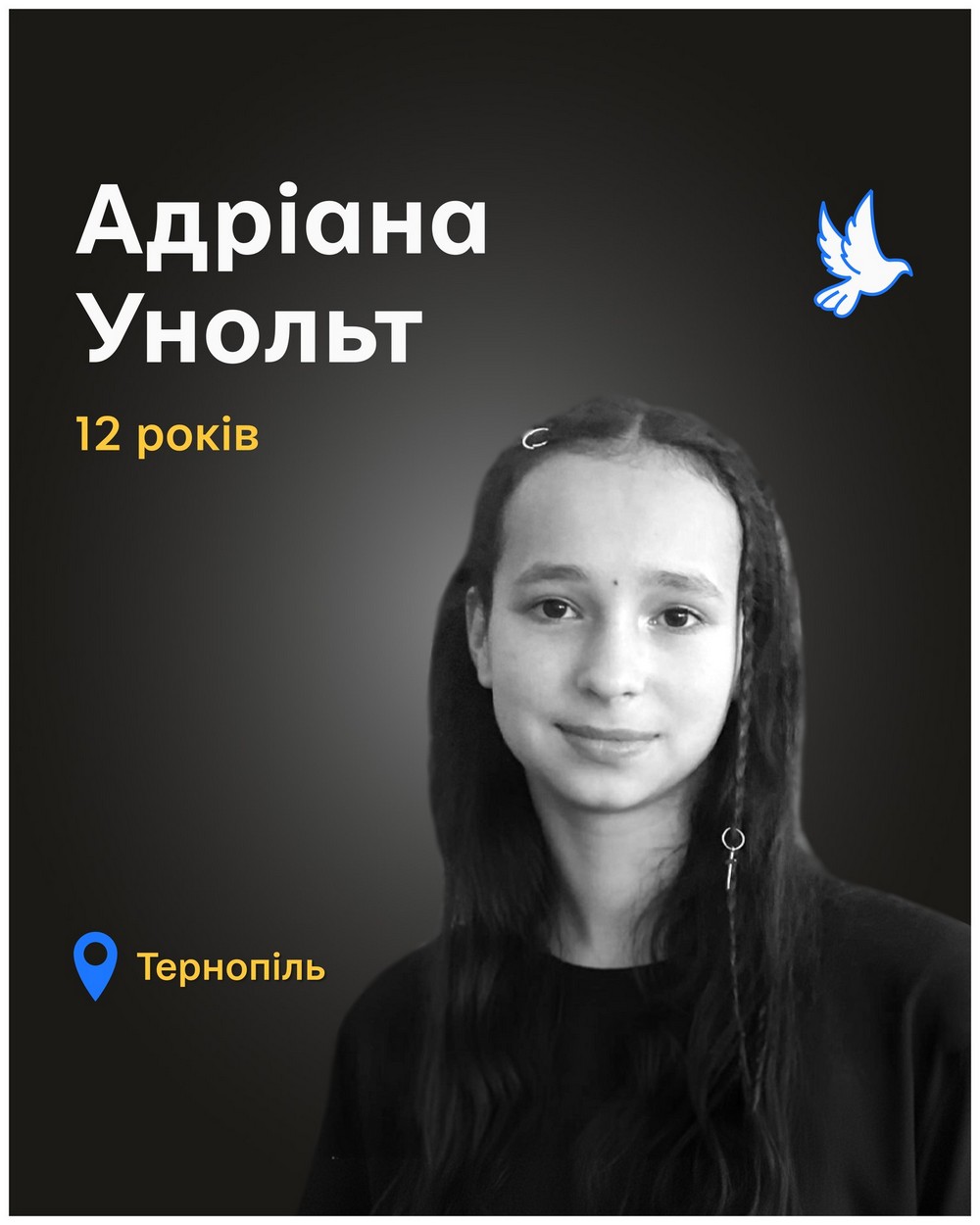 Меморіал: вбиті росією. Адріана Унольт, 12 років, Тернопіль, листопад Меморіал: вбиті росією. Адріана Унольт, 12 років, Тернопіль, листопад
