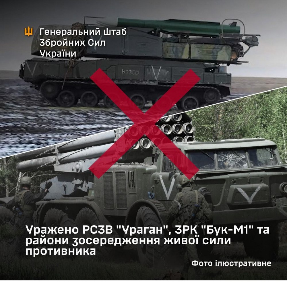 На ТОТ Дніпропетровщини, Запоріжжя, Донеччини та Криму уражено РСЗВ "Ураган", ЗРК "Бук-М1" райони зосередження живої сили та тизку інших об’єктів ворога