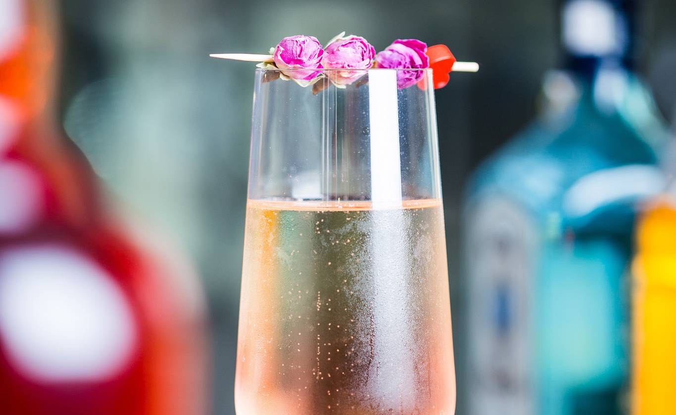 Close up of a French 75 Rose Cocktail