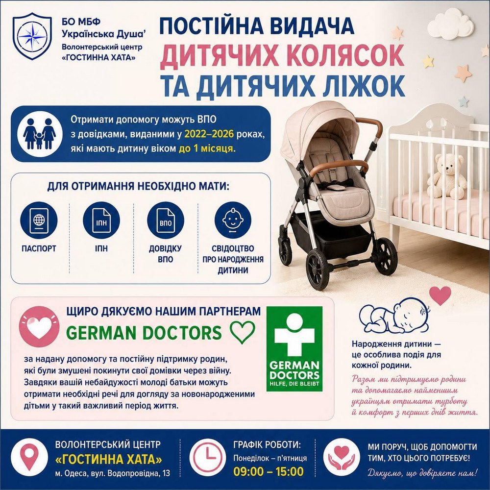Гуманітарна допомога для ВПО в Одесі – можна отримати дитячі коляски та ліжечка