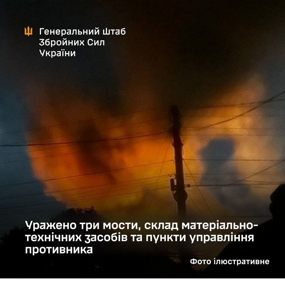 Силами оборони України уражено три мости, пункти управління та склад матеріально-технічних засобів ворога. Об’єкти знаходяться як на території ТОТ України, так і на території РФ. Підтверджено ураження двох об'єктів у Московській області.