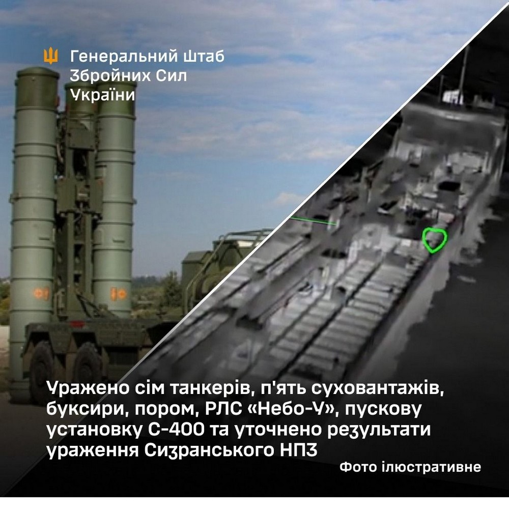 Уражено 7 танкерів РФ, 5 суховантажів, буксири, пором, РЛС «Небо-У» і пускову установку С-400 Уражено 7 танкерів РФ, 5 суховантажів, буксири, пором, РЛС «Небо-У» і пускову установку С-400